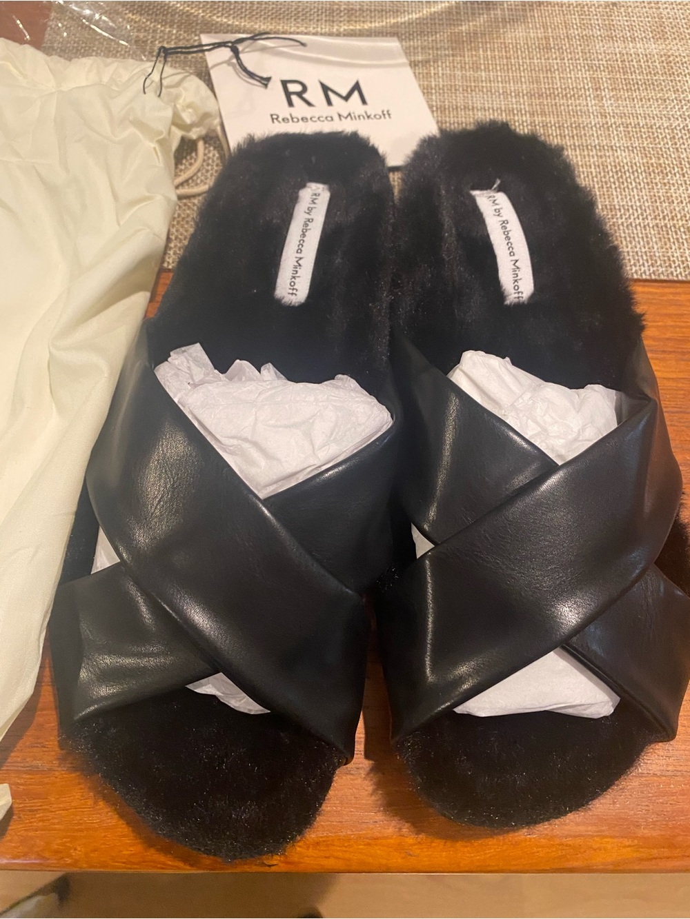 Rebecca Minkoff Women's Black Crisscross Faux Fur Slide Sandals NWT Sz 8